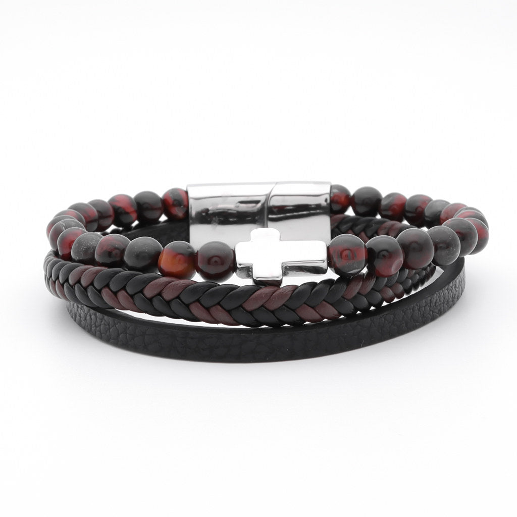 Tiger Eye Beads with Silver Cross Multilayer Leather Bracelet-Bracelets, Jewellery, leather bracelet, Men's Bracelet, Men's Jewellery, New, Stainless Steel-bcl0221-1_1-Glitters