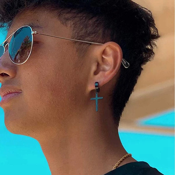 Stainless Steel Huggie Hoop Earrings with Drop Cross-earrings, Hoop Earrings, Huggie Earrings, Jewellery, Men's Earrings, Men's Jewellery, Stainless Steel, Women's Earrings-er1470-m01-Glitters