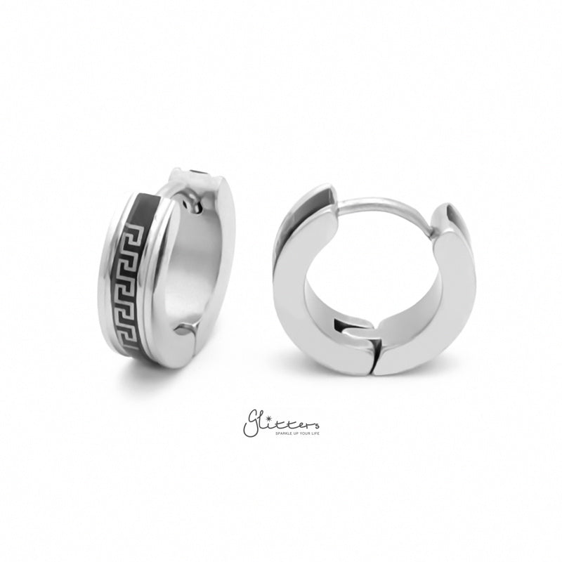 Greek Key Hinged Hoop Earrings with Black Center-earrings, Hoop Earrings, Huggie Earrings, Jewellery, Men's Earrings, Men's Jewellery, Stainless Steel-er1545-2_800-Glitters