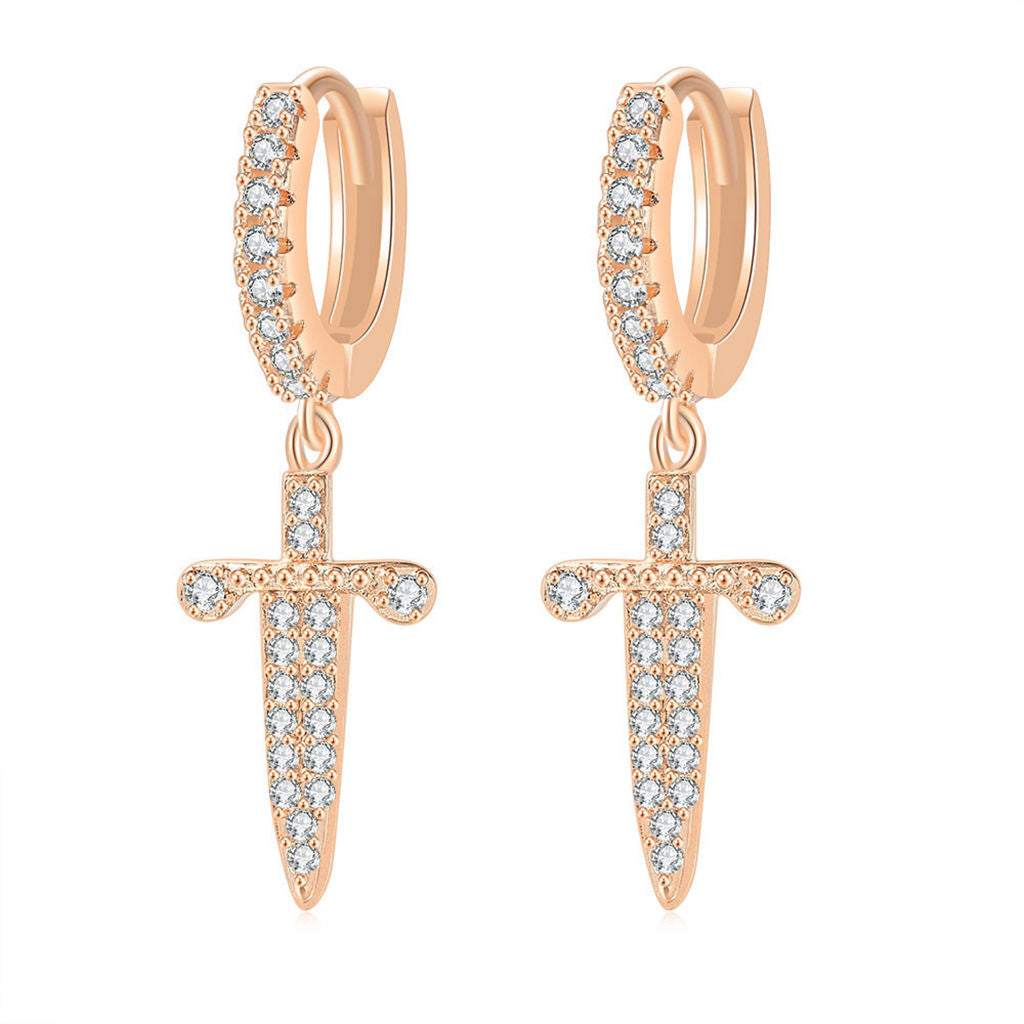 Dangle Sword One-Touch Huggie Hoop Earrings-Cubic Zirconia, earrings, Hip Hop Earrings, Hoop Earrings, Iced Out, Jewellery, Women's Earrings, Women's Jewellery-er1554-rg-Glitters