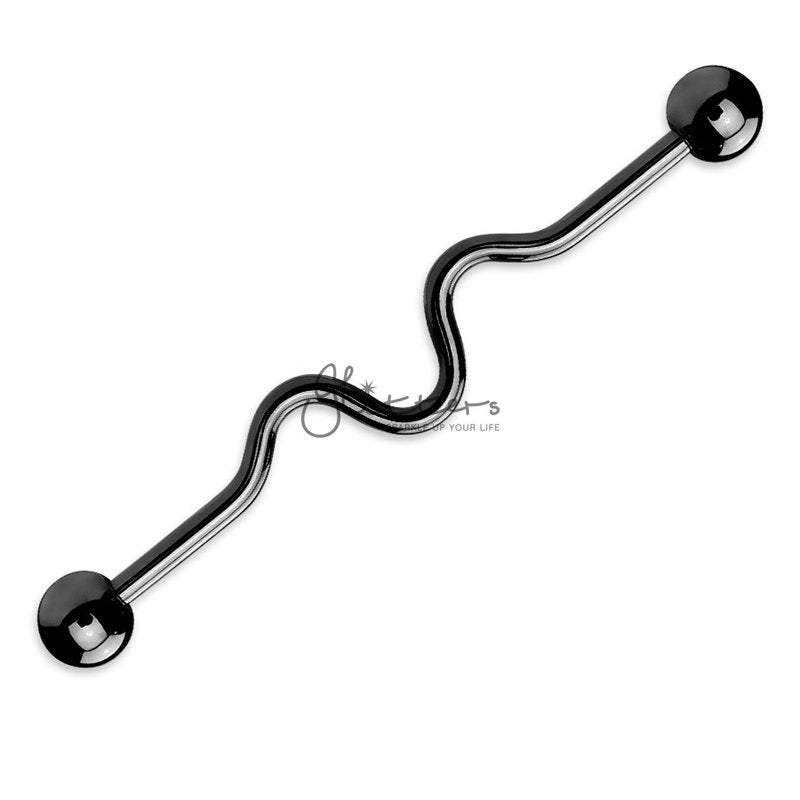 14GA Titanium IP Over Surgical Steel Wavy Industrial Barbells - Black-Body Piercing Jewellery, Industrial Barbell-ib0002-wave2-Glitters