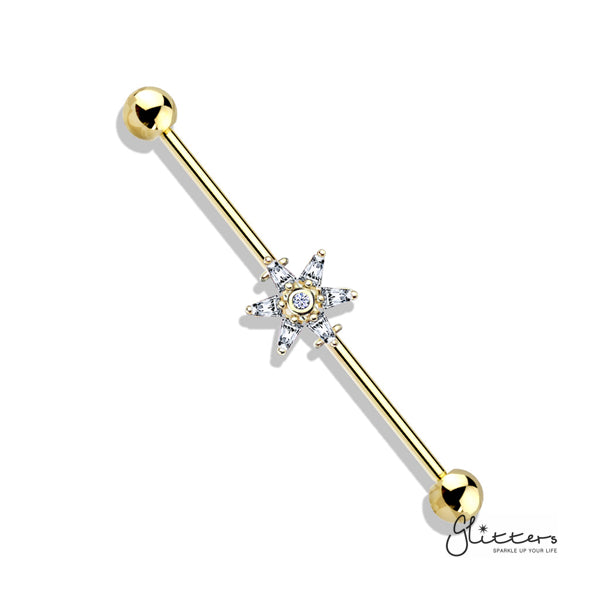 316L Surgical Steel Industrial Barbells with 6 Princess Cut CZ Petal Flower-Body Piercing Jewellery, Cubic Zirconia, Industrial Barbell-ib0003-bi75-g-Glitters