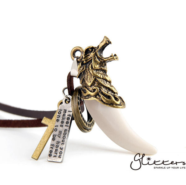 Antique Gold Wolf Teeth Pendant with Long Leather String Chain-Adjustable chain, Jewellery, Leather, Men's Jewellery, Men's Necklace, necklace, Necklaces-nk1016-1-Glitters