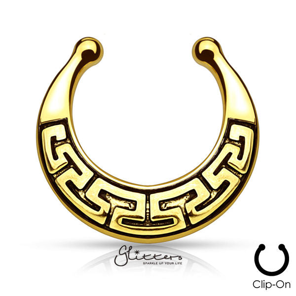Non Piercing Maze Tribal Fan Design Fake Septum Hanger-Gold-Body Piercing Jewellery, Nose, Septum Ring-ns0042-1-Glitters