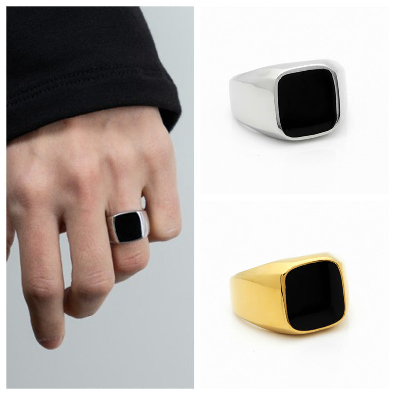 Black Square Flat Top Stainless Steel Signet Ring - Silver-Jewellery, Men's Jewellery, Men's Rings, Rings, Stainless Steel, Stainless Steel Rings-sr0306-4-Glitters