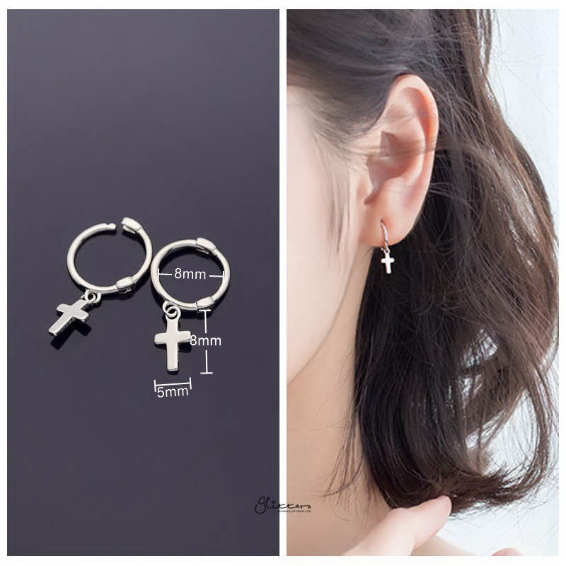 Sterling Silver One-Touch Hoop Earrings with Dangle Cross - Silver-earrings, Hoop Earrings, Jewellery, Women's Earrings, Women's Jewellery-sse0325-s-4_New-Glitters