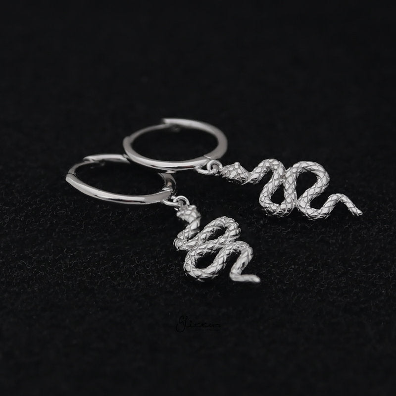 Sterling Silver Huggie Hoop Earrings with Dangle Snake - Silver-earrings, Hoop Earrings, Jewellery, Women's Earrings, Women's Jewellery-sse0403-S-3_800-Glitters