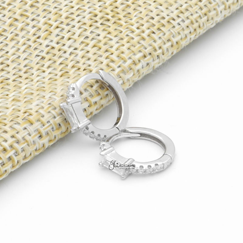 Sterling Silver Baguette CZ One-Touch Huggie Hoop Earrings - Silver-Cubic Zirconia, earrings, Hoop Earrings, Jewellery, Women's Earrings, Women's Jewellery-sse0425-s4_800-Glitters
