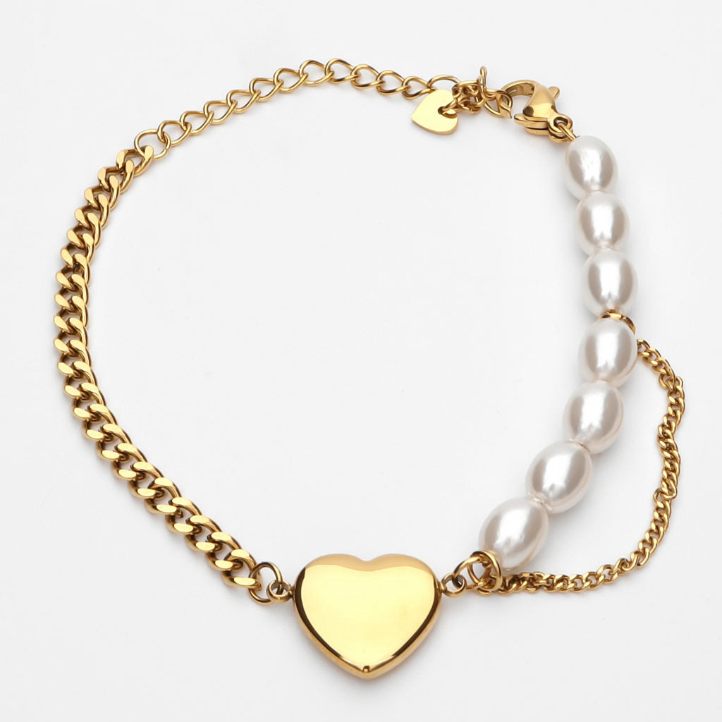 Pearls and Stainless Steel Chain Women's Bracelet with Heart Charm - Gold-Bracelets, Jewellery, New, Stainless Steel, Stainless Steel Bracelet, Women's Bracelet, Women's Jewellery-wb0006-g1_1-Glitters