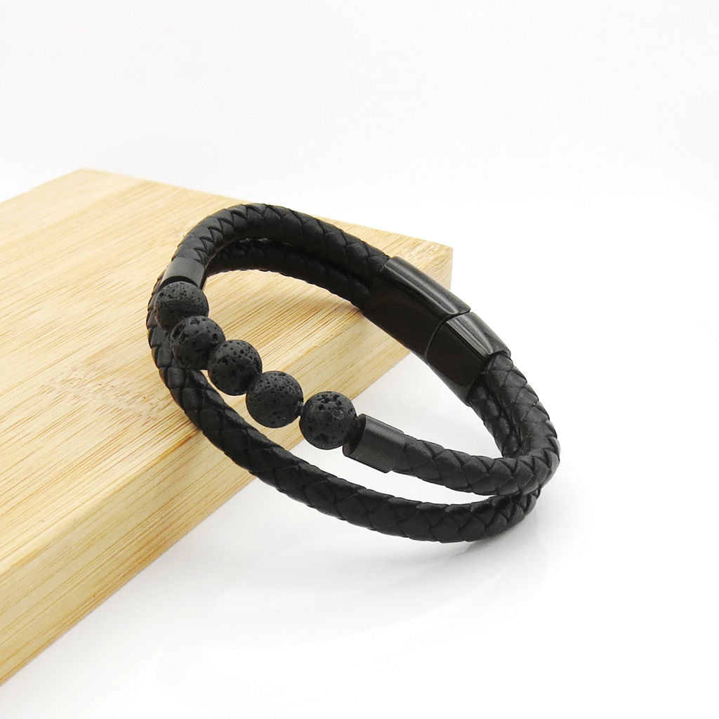 Black Braided Leather Bracelet with Lava Stone Beads-Stainless Steel Bracelets-4-Glitters