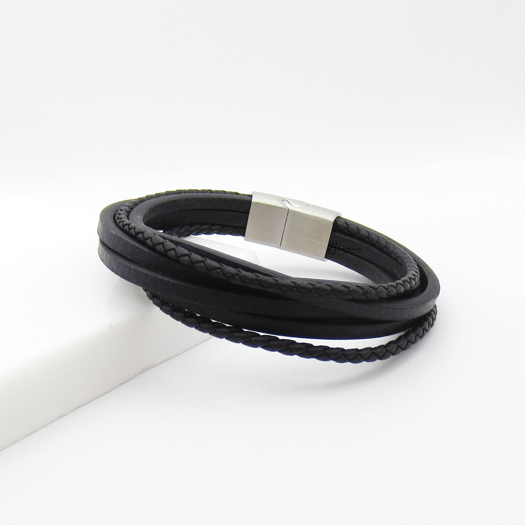 Multi-Strand Black Braided Leather Bracelet