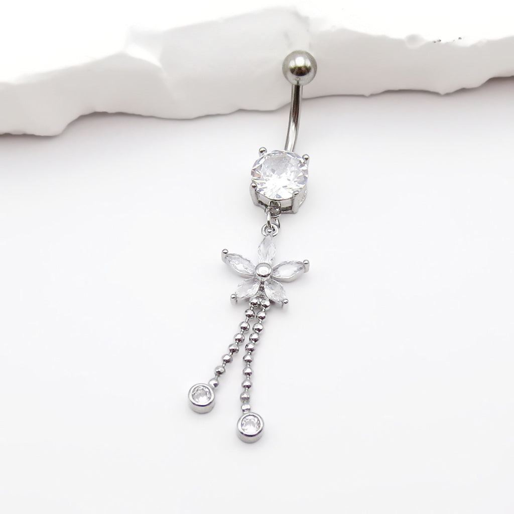 CZ Flower Dangling Fringe Belly Button Ring-Belly Rings-4-Glitters