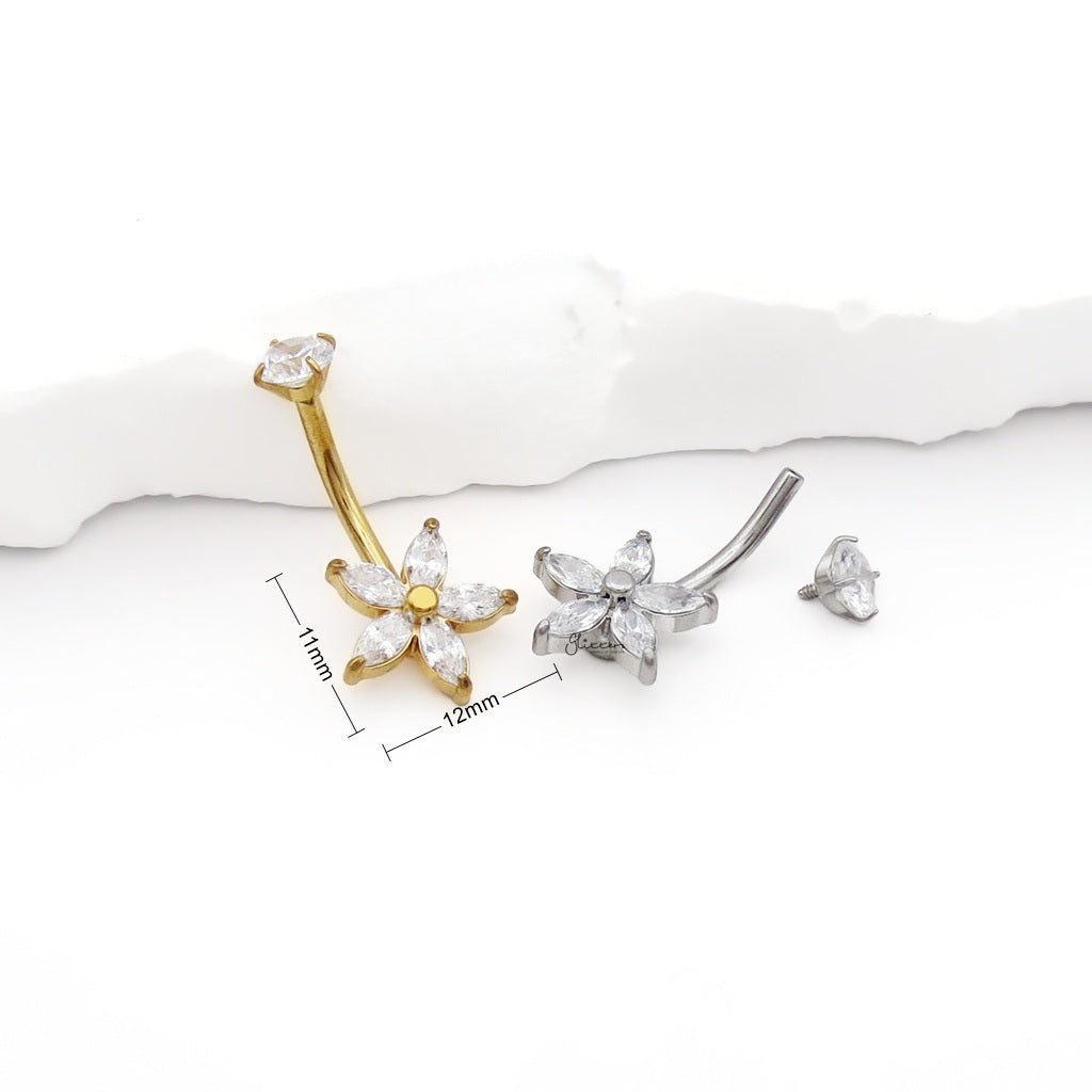 Marquise CZ Flower Belly Button Navel Ring - Silver