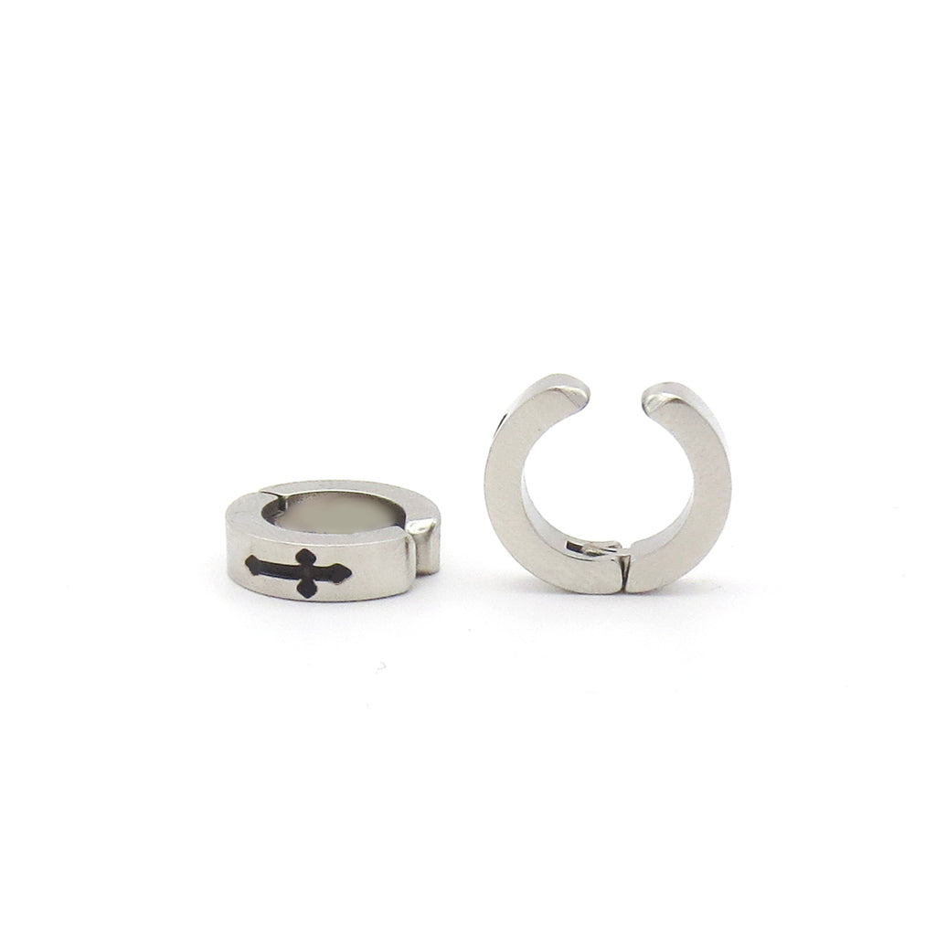Stainless Steel Clip On Cross Hoop Earrings-Non Piercing-2-Glitters