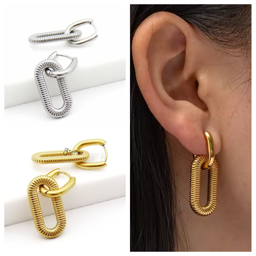 Stainless Steel Detachable Ribbed Link Hoop Earrings-Earrings-2-Glitters