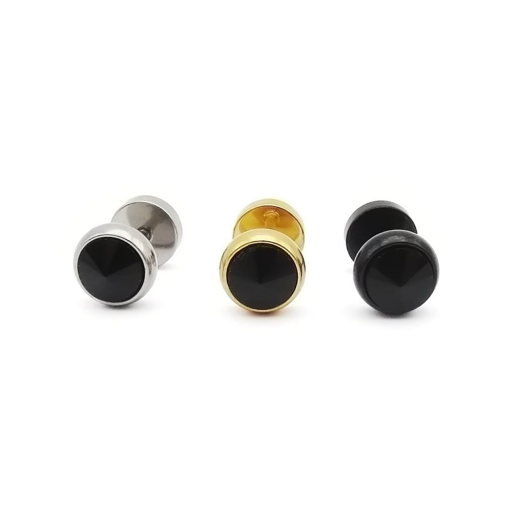 Stainless Steel Fake Plug Earring with Black Crystal Stone