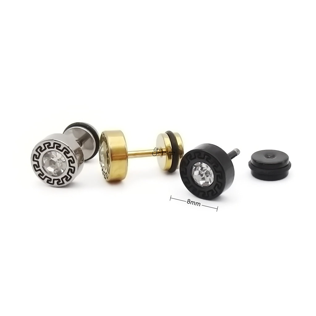 Stainless Steel Round Greek Pattern Crystal Center Fake Plug Earring