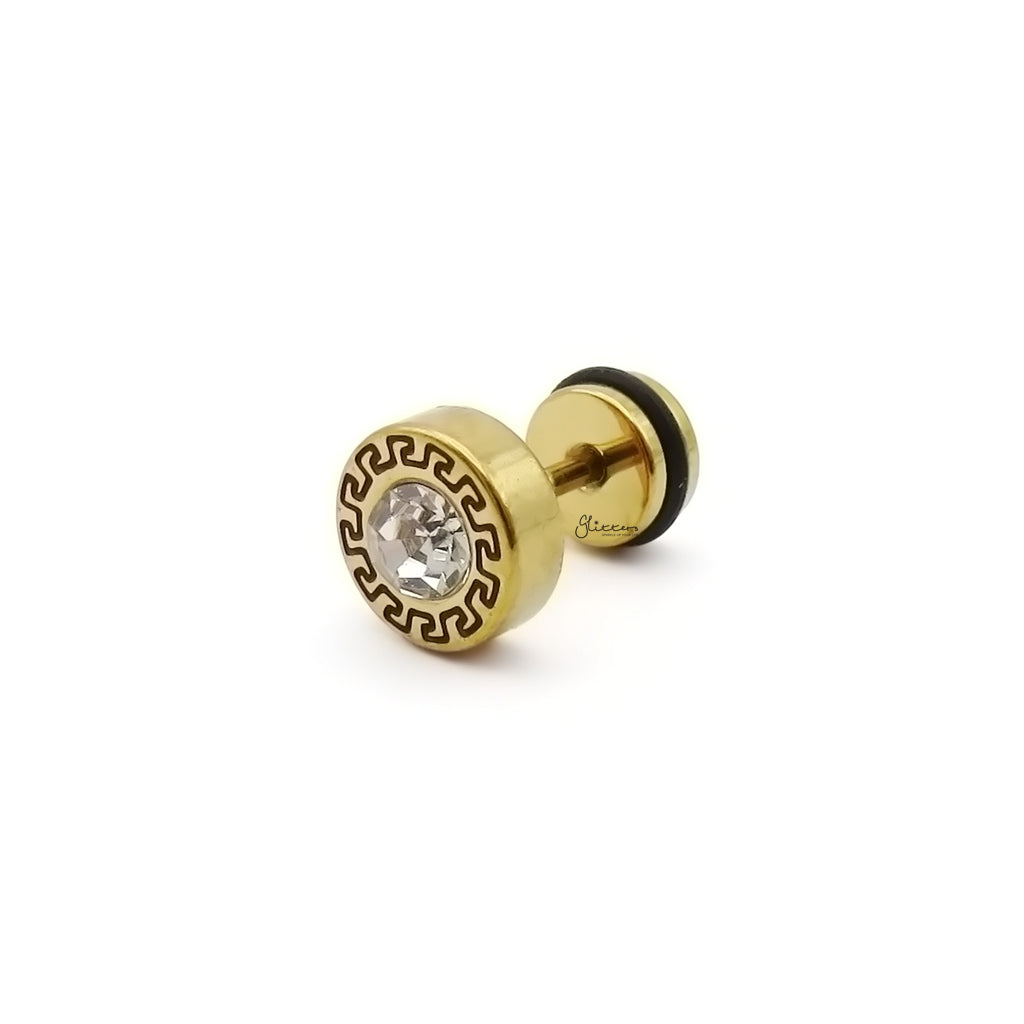 Stainless Steel Round Greek Pattern Crystal Center Fake Plug Earring
