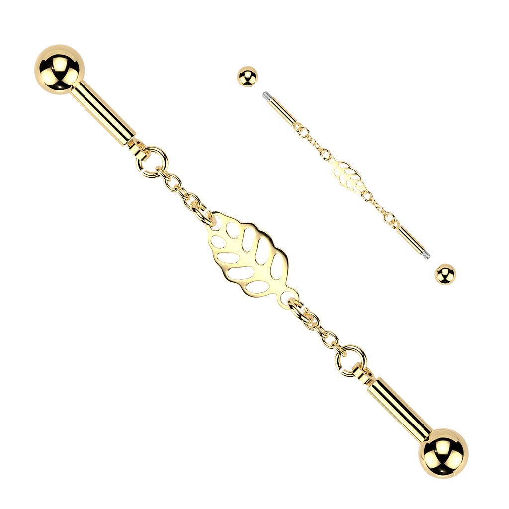 Centered Leaf Connector Chain Industrial Barbell - Gold-Industrial Barbells-2-Glitters