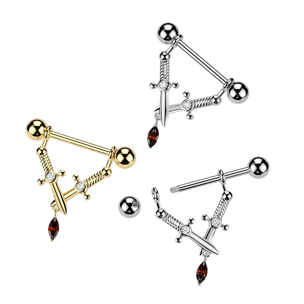 Crossed Daggers & Marquise CZ Dangle Nipple Barbell - Silver