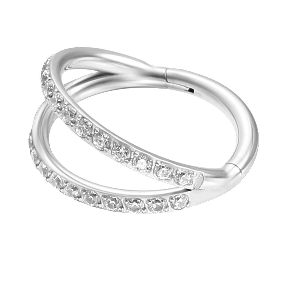 CZ Paved Double Lines Hinged Segment Hoop Ring