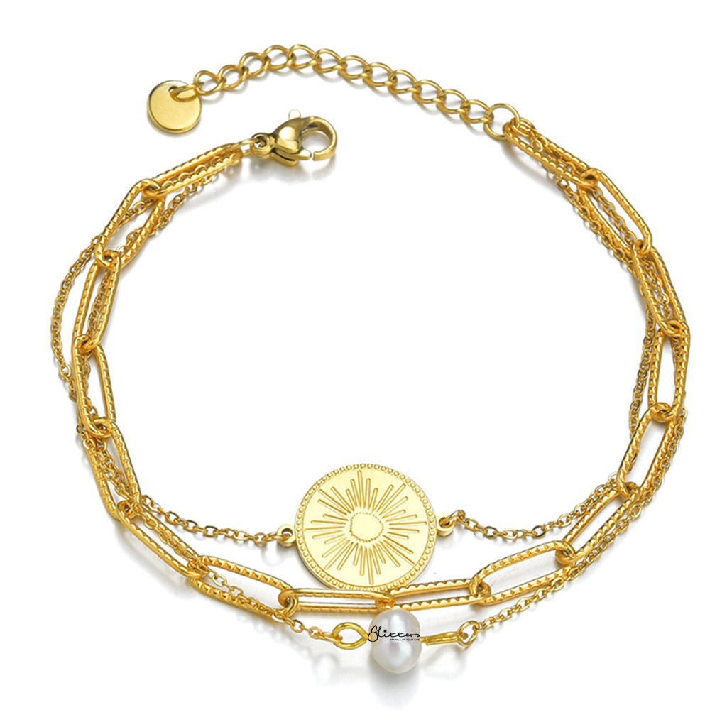 Stainless Steel Triple-Layered Bracelet with Round Disc & Pearl Charms - Gold-Stainless Steel Bracelets-1-Glitters