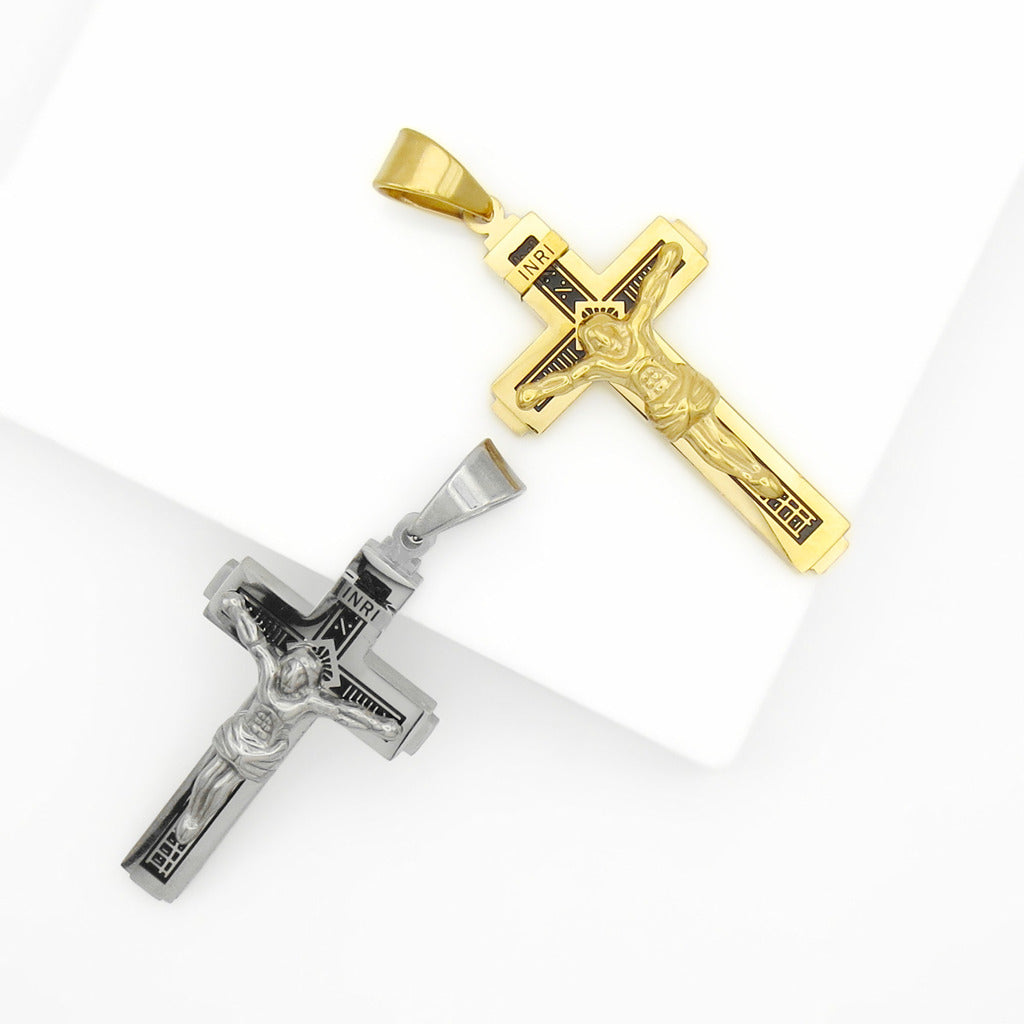 Stainless Steel INRI Crucifix Cross Pendant - Gold