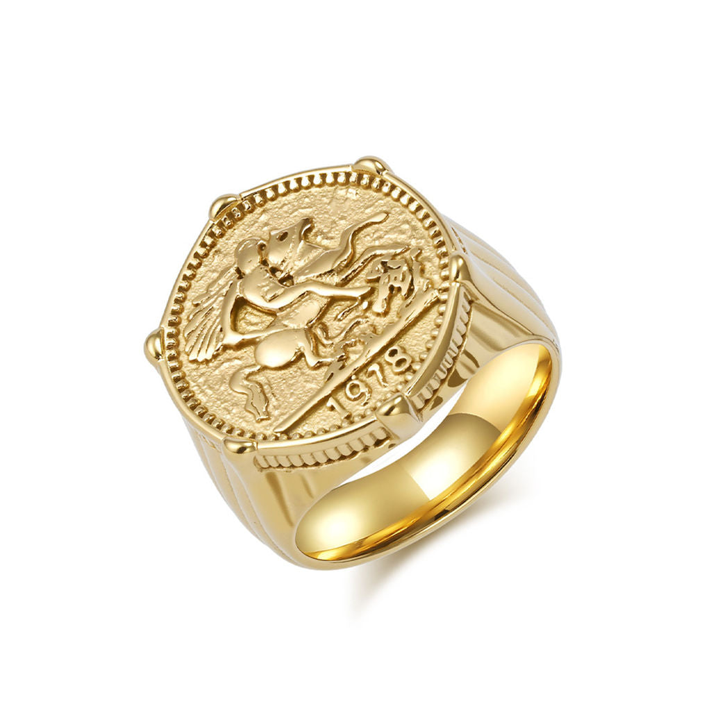 Stainless Steel Knight Coin Signet Ring - Gold