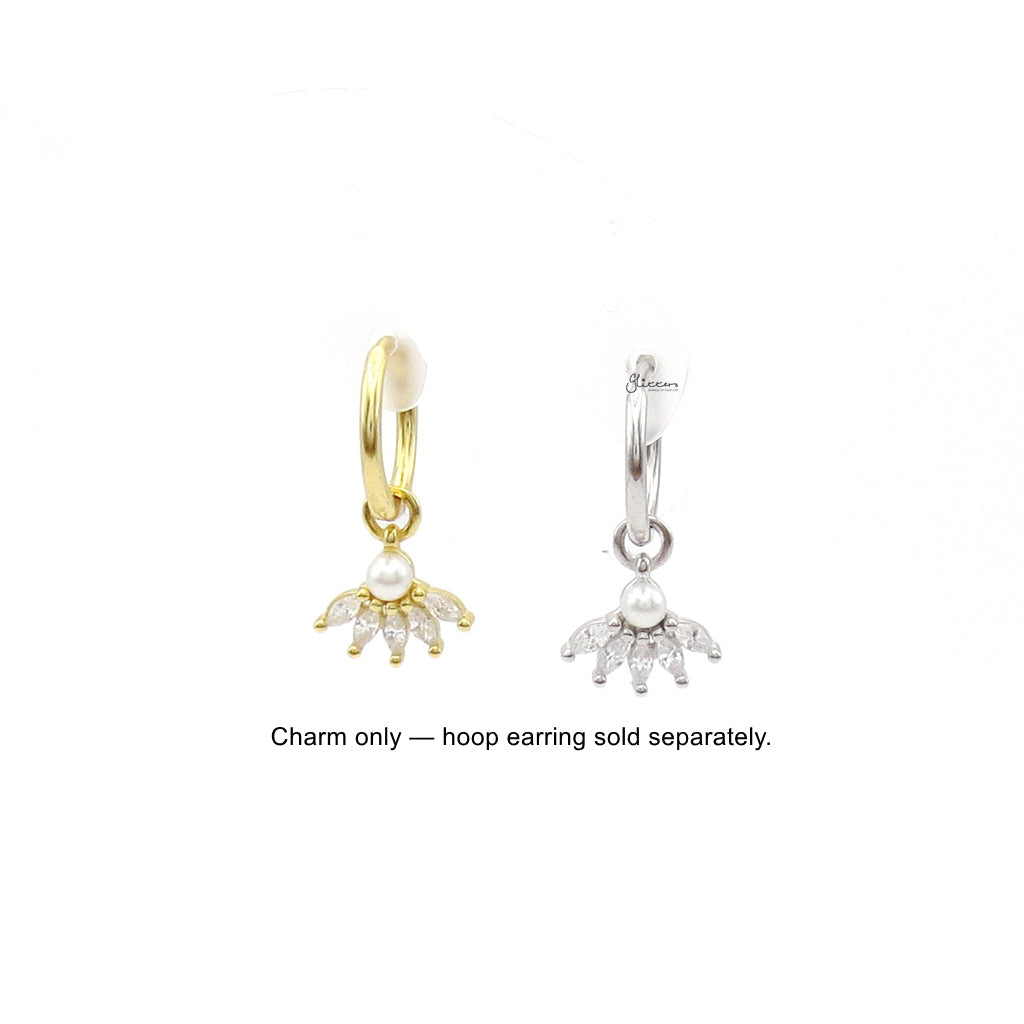 925 Sterling Silver Pearl & Marquise CZ Fan Hoop Earring Dangle Charm