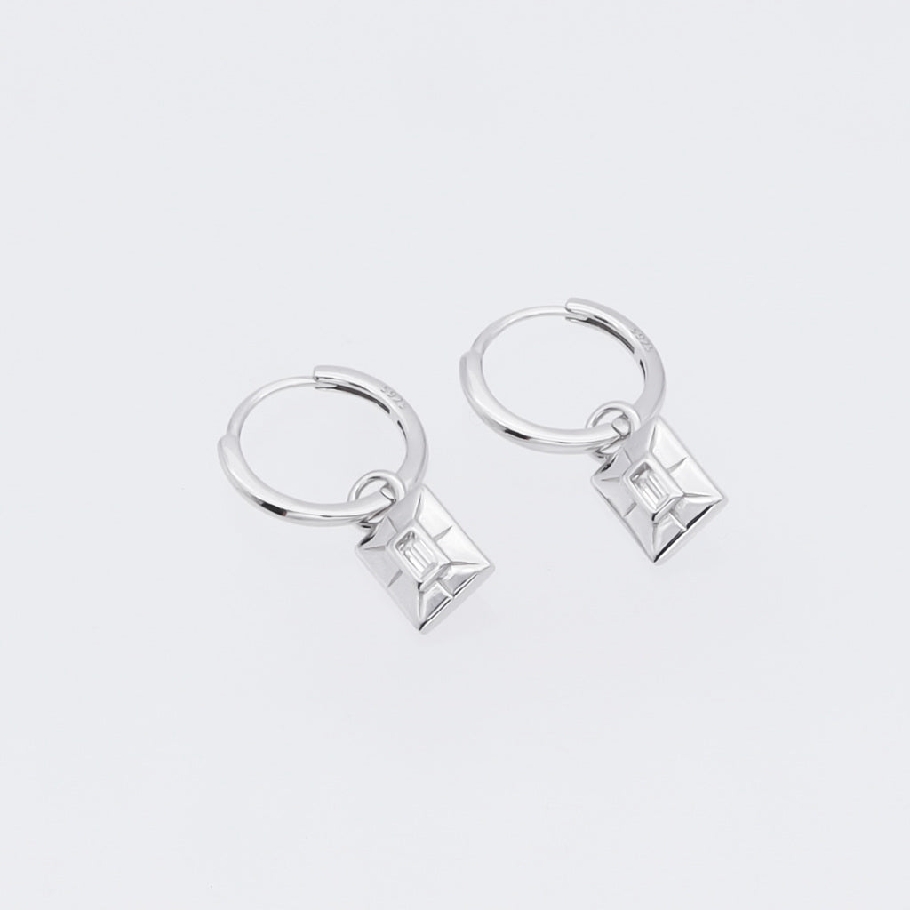 Rectangle Charm Huggie Hoop Earrings - Silver-Hoop Earrings-1-Glitters