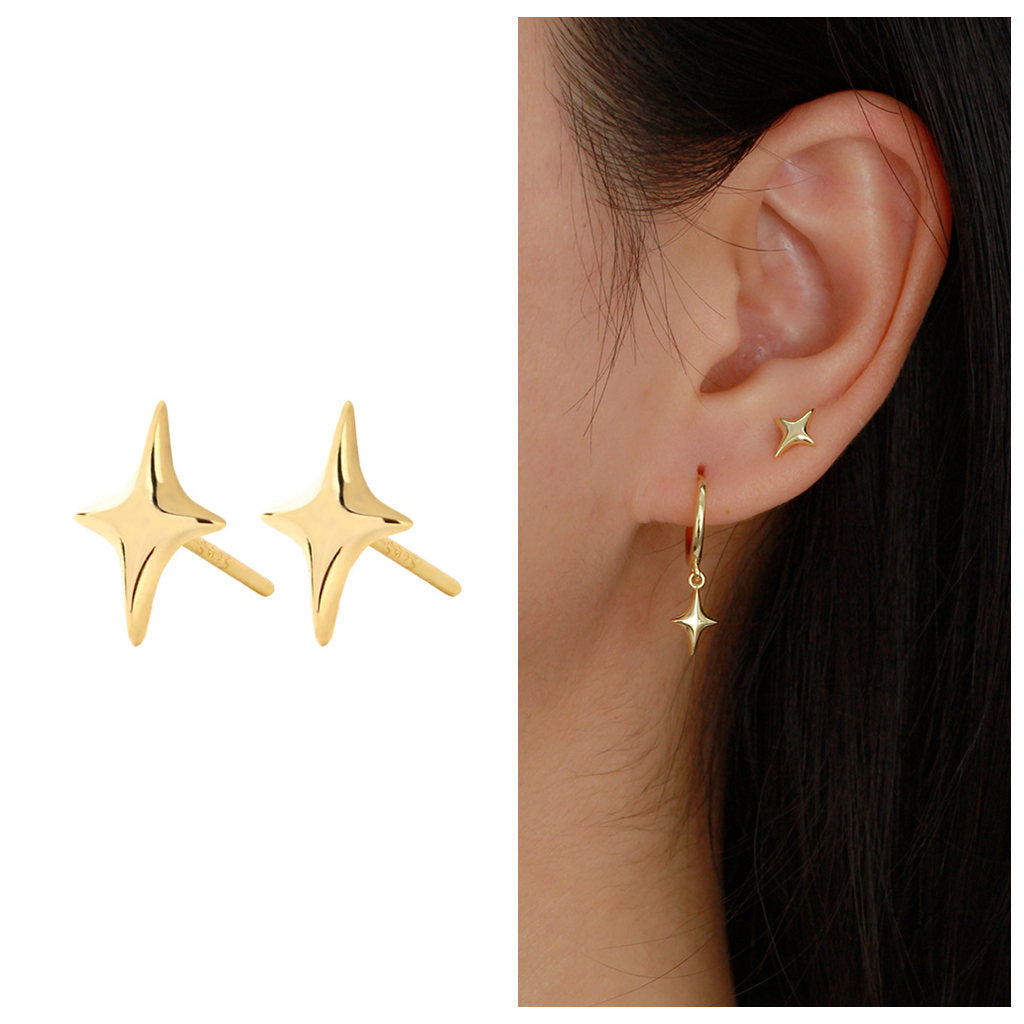 Sterling Silver 3D Star Stud Earrings - Gold-Stud Earrings-2-Glitters