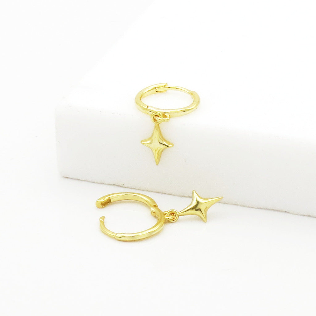 3D Star Charm Sterling Silver Hoop Earrings - Gold