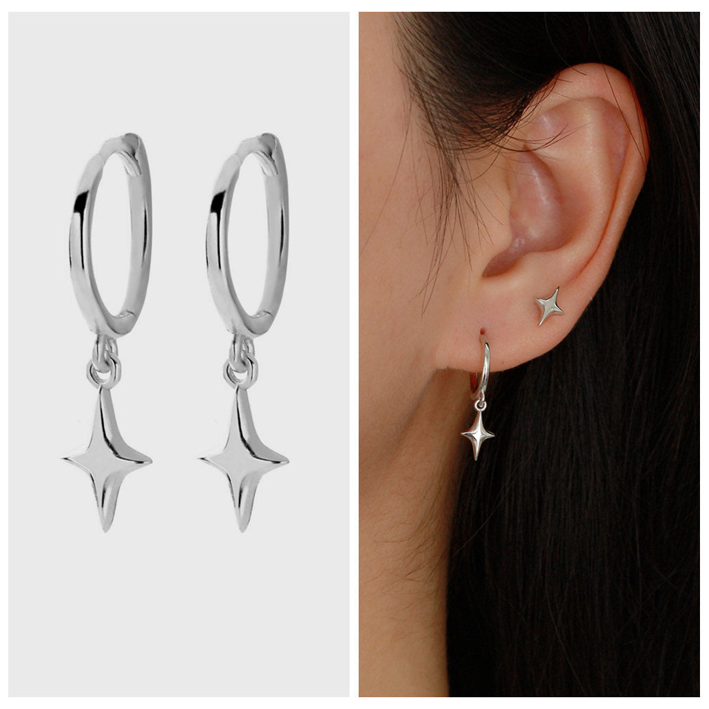 3D Star Charm Sterling Silver Hoop Earrings - Silver