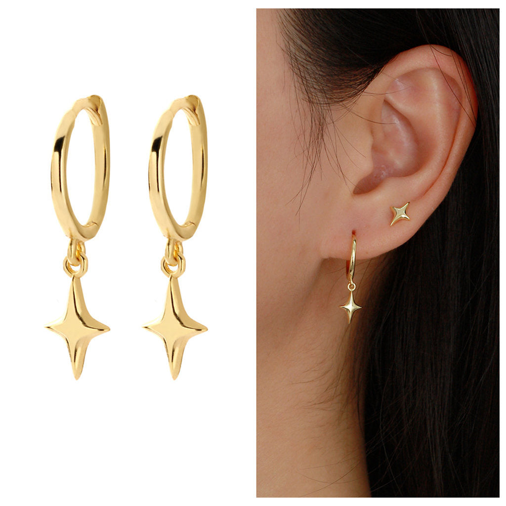 3D Star Charm Sterling Silver Hoop Earrings - Gold