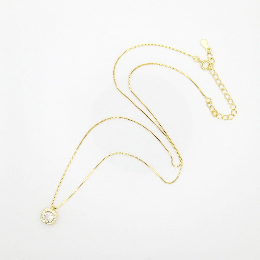 Sterling Silver Cushion Halo CZ Pendant Necklace - Gold-Sterling Silver Necklaces-4-Glitters