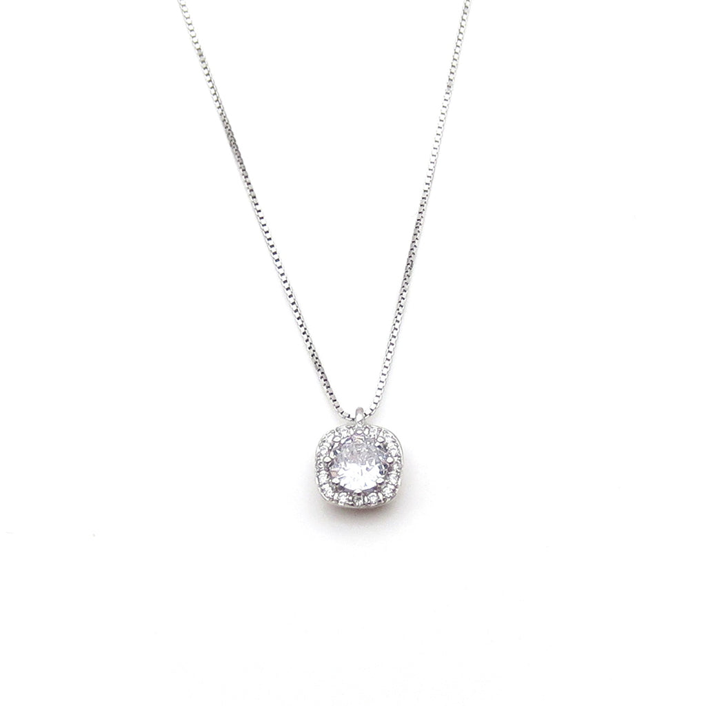 Sterling Silver Cushion Halo CZ Pendant Necklace - Silver-Sterling Silver Necklaces-1-Glitters