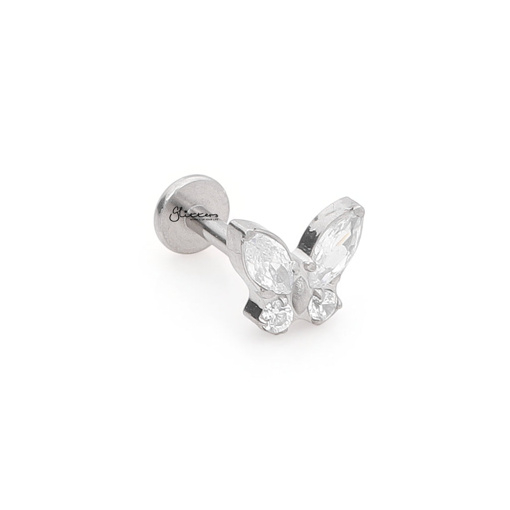 CZ Butterfly Top Internally Threaded Flat Back Stud-Tragus | Cartilage | Daith | Conch-2-Glitters