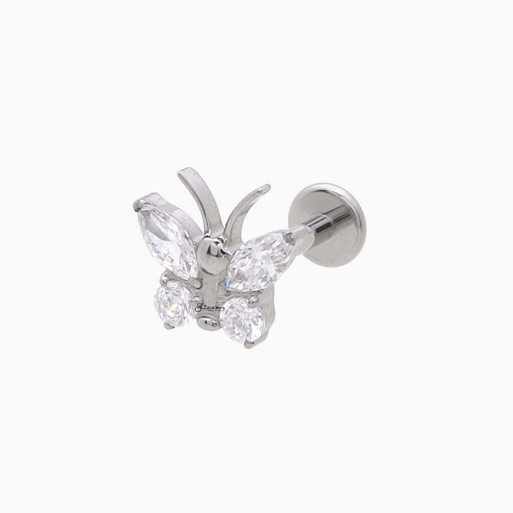 CZ Butterfly Top Internally Threaded Titanium Flat Back Stud-Tragus | Cartilage | Daith | Conch-2-Glitters