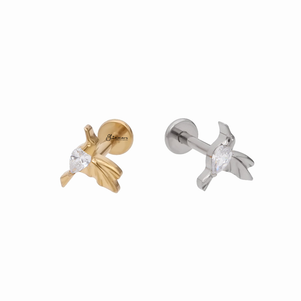 Titanium Flat Back Stud Earrings with CZ Hummingbird Top-Tragus | Cartilage | Daith | Conch-3-Glitters