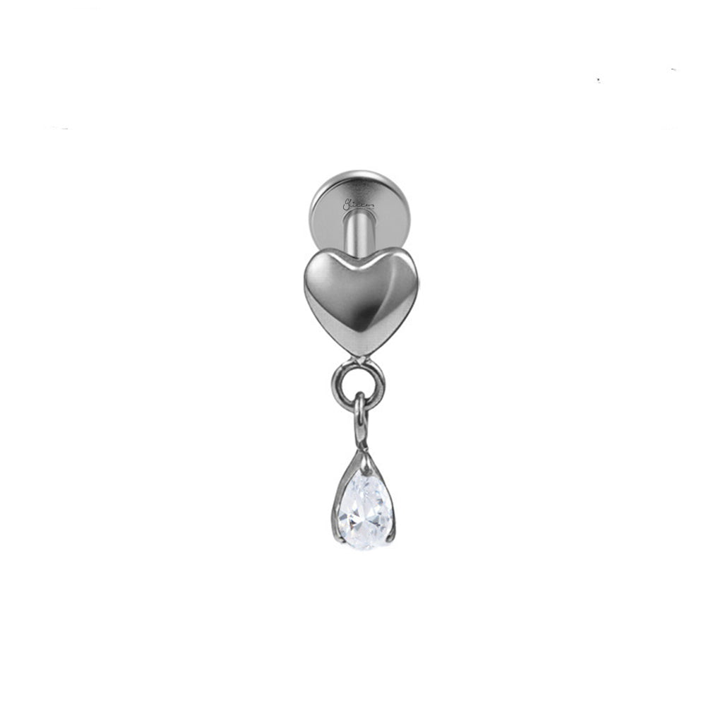 Titanium Heart with Dangle Teardrop CZ Flat Back Stud Earring-Tragus | Cartilage | Daith | Conch-4-Glitters