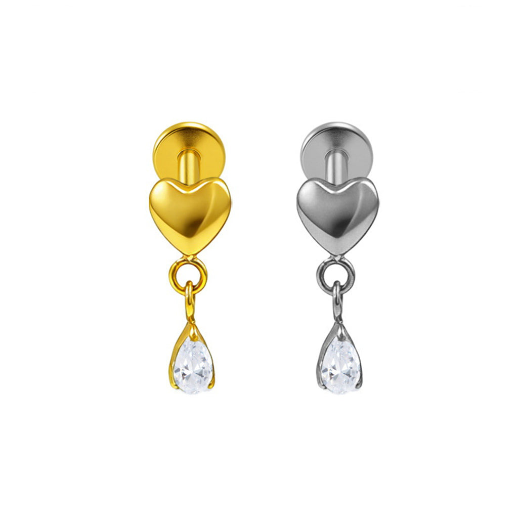 Titanium Heart with Dangle Teardrop CZ Flat Back Stud Earring-Tragus | Cartilage | Daith | Conch-1-Glitters