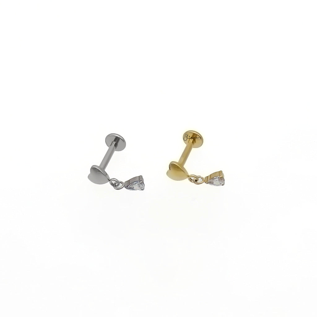 Titanium Heart with Dangle Teardrop CZ Flat Back Stud Earring-Tragus | Cartilage | Daith | Conch-3-Glitters