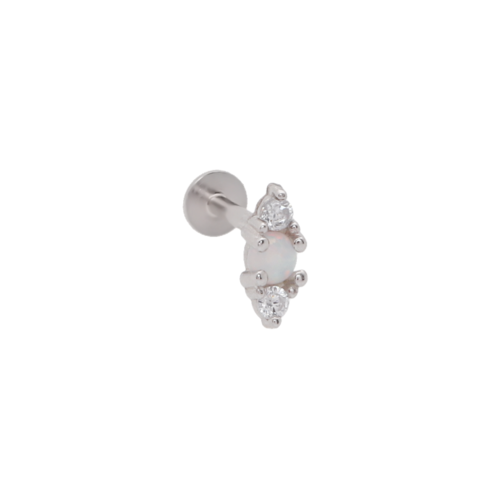 Sterling Silver Opal & CZ Triple Gem Flat Back Stud Earrings-Tragus | Cartilage | Daith | Conch-1-Glitters