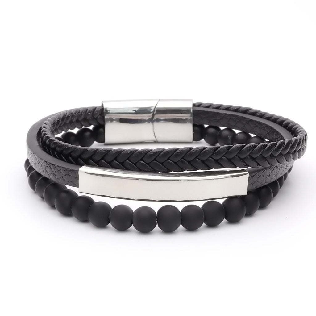 Black Beads Multilayer Leather Bracelet with Stainless Steel ID Plate-Leather Bracelets-1-Glitters