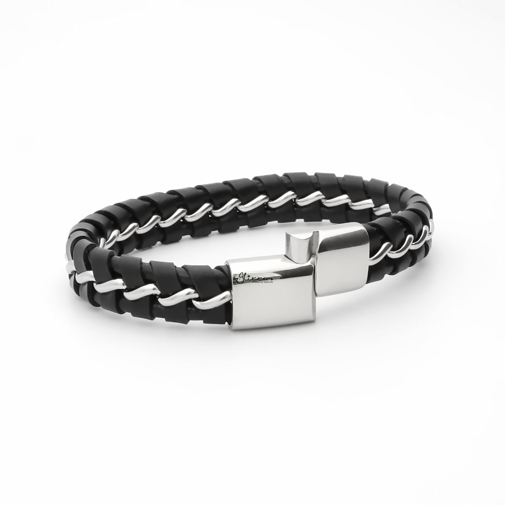 Two-Tone Black Braided Leather Bracelet - Silver-Leather Bracelets-4-Glitters