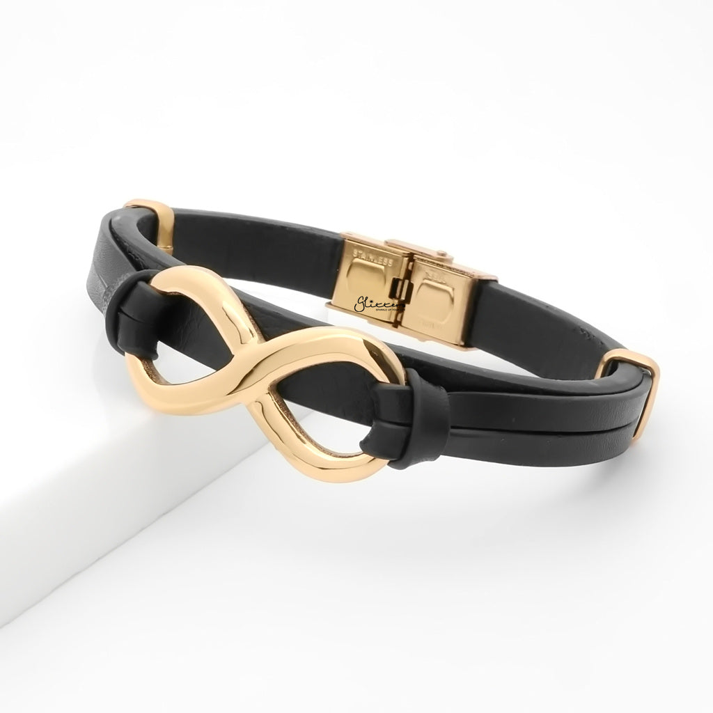 Infinity Symbol Black Leather Bracelet - Gold