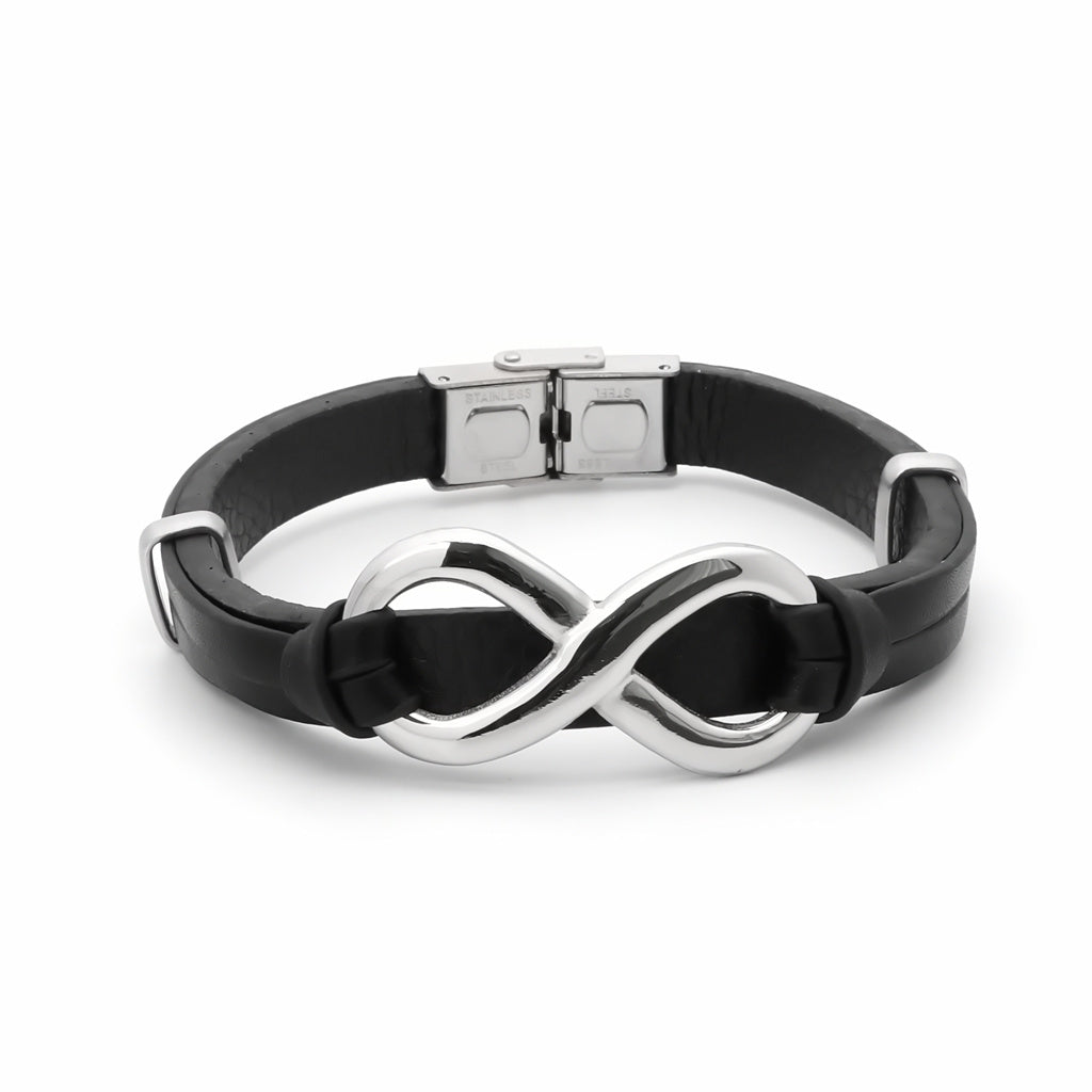 Infinity Symbol Black Leather Bracelet - Silver