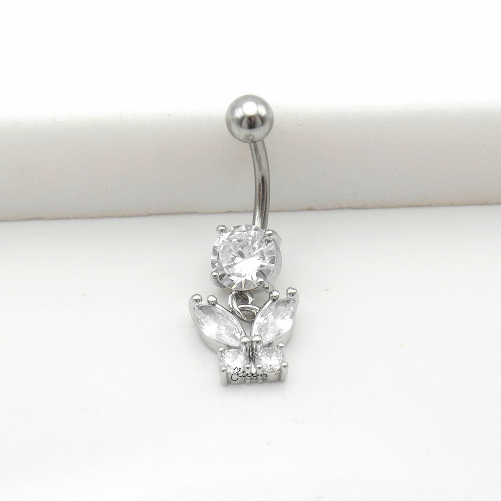 CZ Butterfly Dangle Belly Button Navel Ring - Silver-Belly Rings-3-Glitters
