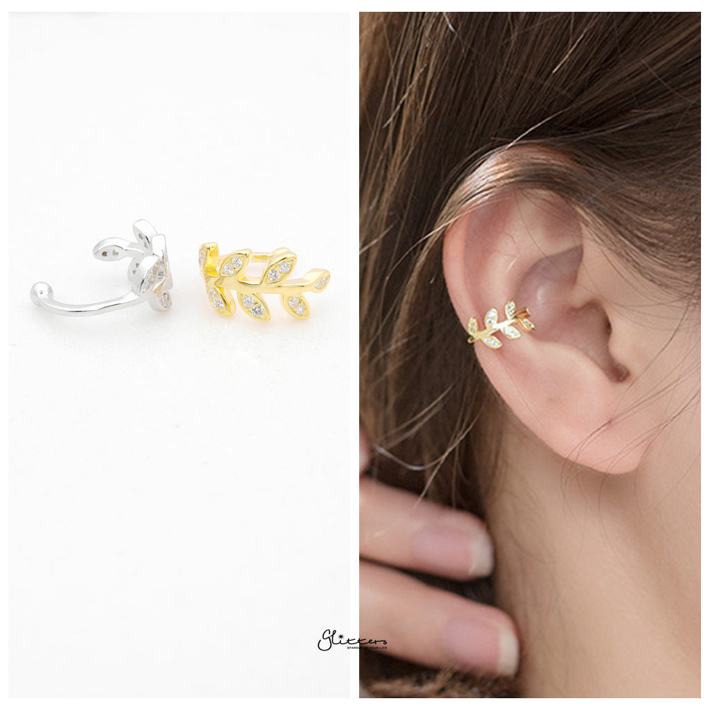 Sterling Silver Leaf Conch Ear Cuff - Gold-Ear Cuffs-2-Glitters