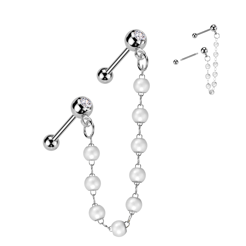 CZ Top Barbell Pearl Chain Cartilage Barbell-Ear Chains-1-Glitters